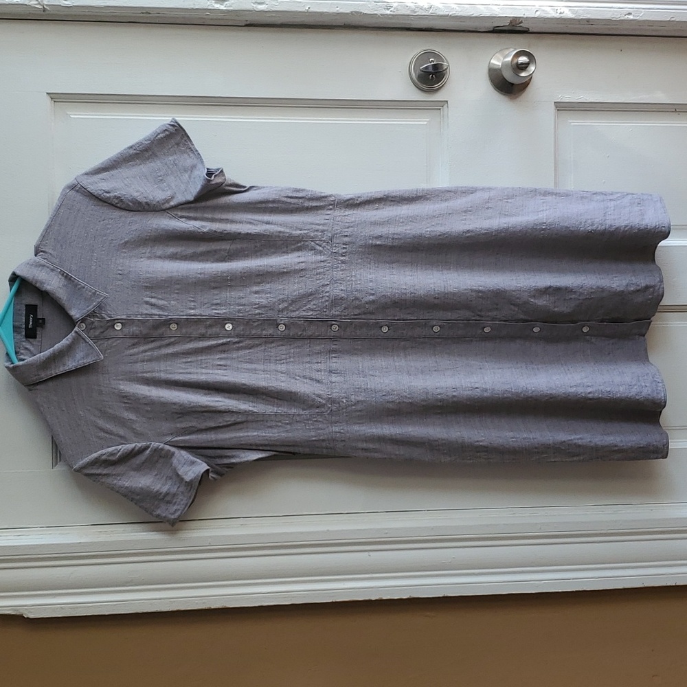 Theory Short Sleeve Shirt Dress Blue Linen sz 12 Ss BD dress